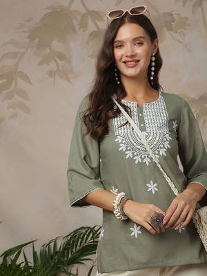 Women Ethnic Motifs Embroidered Round Neck Short Kurti 7