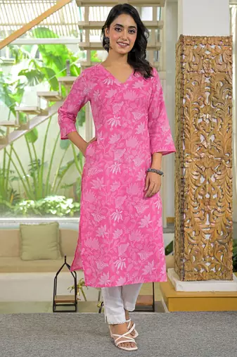 Floral Printed V-Neck Straight Cotton Kurta