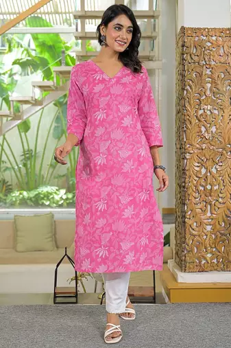 Floral Printed V-Neck Straight Cotton Kurta