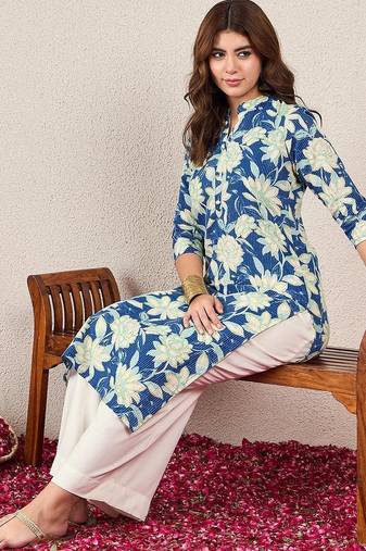Floral Printed Mandarin Collar Straight Kurta