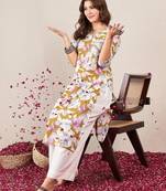 Floral Printed V-Neck Cotton Straight Kurta