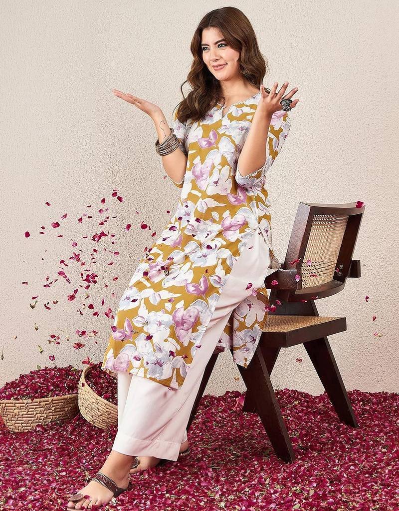 Floral Printed V-Neck Cotton Straight Kurta