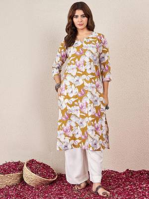Floral Printed V-Neck Cotton Straight Kurta 2