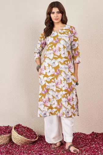 Floral Printed V-Neck Cotton Straight Kurta