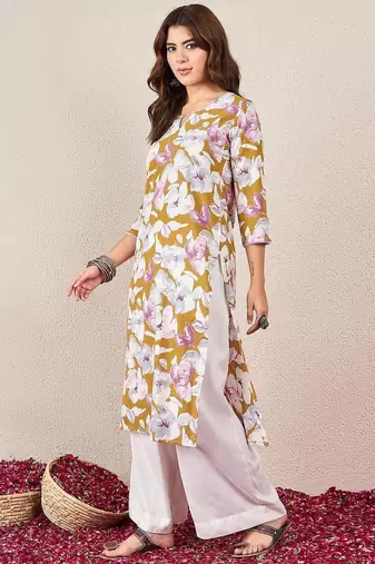 Floral Printed V-Neck Cotton Straight Kurta