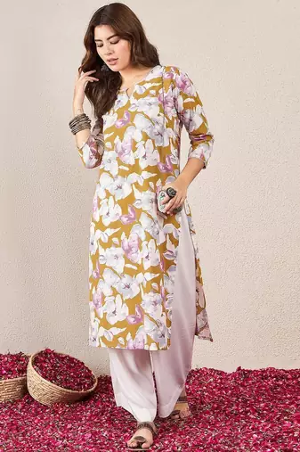 Floral Printed V-Neck Cotton Straight Kurta