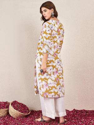 Floral Printed V-Neck Cotton Straight Kurta 5