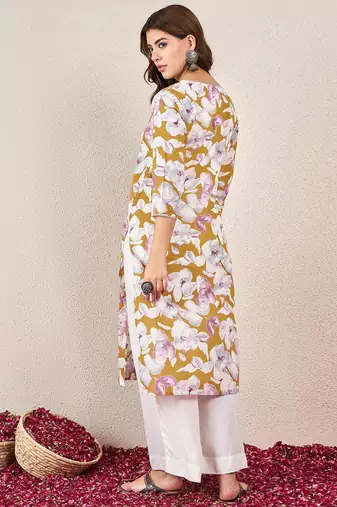 Floral Printed V-Neck Cotton Straight Kurta