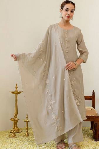 Women Ethnic Motifs Embroidered Regular Thread Work Chanderi Cotton Kurta with Palazzos & With Dupatta