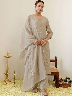 Women Ethnic Motifs Embroidered Regular Thread Work Chanderi Cotton Kurta with Palazzos & With Dupatta 3
