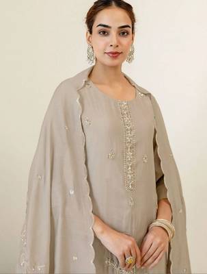 Women Ethnic Motifs Embroidered Regular Thread Work Chanderi Cotton Kurta with Palazzos & With Dupatta 5