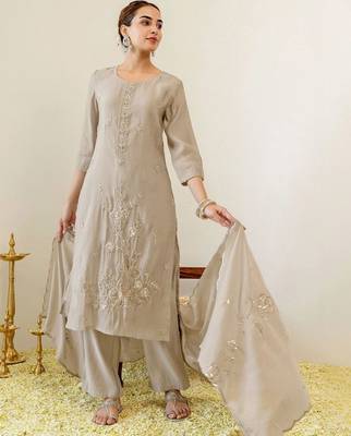 Women Ethnic Motifs Embroidered Regular Thread Work Chanderi Cotton Kurta with Palazzos & With Dupatta 6