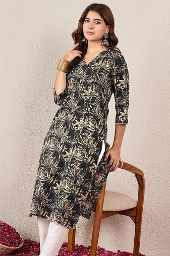 Floral Printed V-Neck Cotton Straight Kurtas