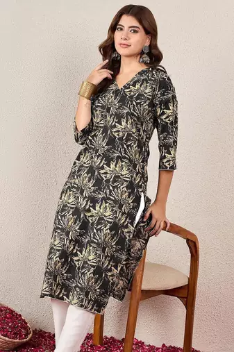 Floral Printed V-Neck Cotton Straight Kurtas
