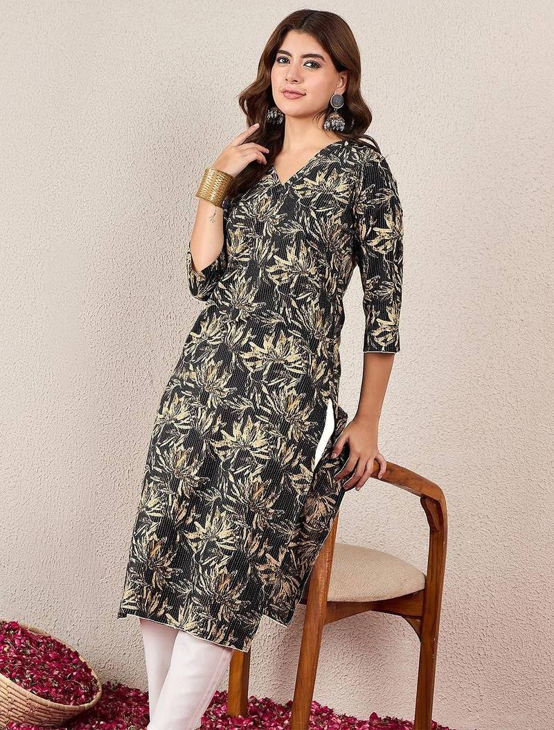 Floral Printed V-Neck Cotton Straight Kurtas