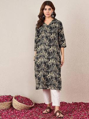 Floral Printed V-Neck Cotton Straight Kurtas 2