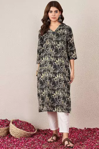 Floral Printed V-Neck Cotton Straight Kurtas