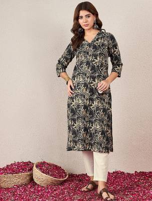 Floral Printed V-Neck Cotton Straight Kurtas 4