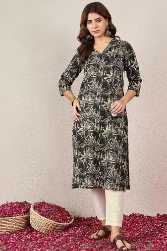 Floral Printed V-Neck Cotton Straight Kurtas