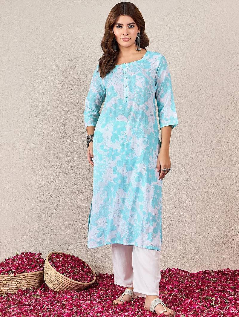 Floral Printed Round Neck Straight Kurta