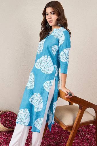 Floral Printed Mandarin Collar Straight Kurta