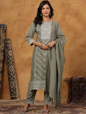 Women Ethnic Motifs Embroidered Regular Thread Work Kurta with Trousers & With Dupatta 1