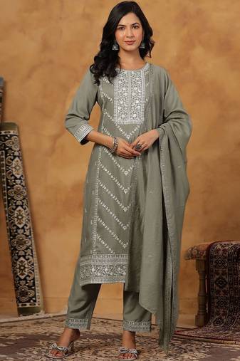 Women Ethnic Motifs Embroidered Regular Thread Work Kurta with Trousers & With Dupatta