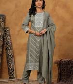 Women Ethnic Motifs Embroidered Regular Thread Work Kurta with Trousers & With Dupatta