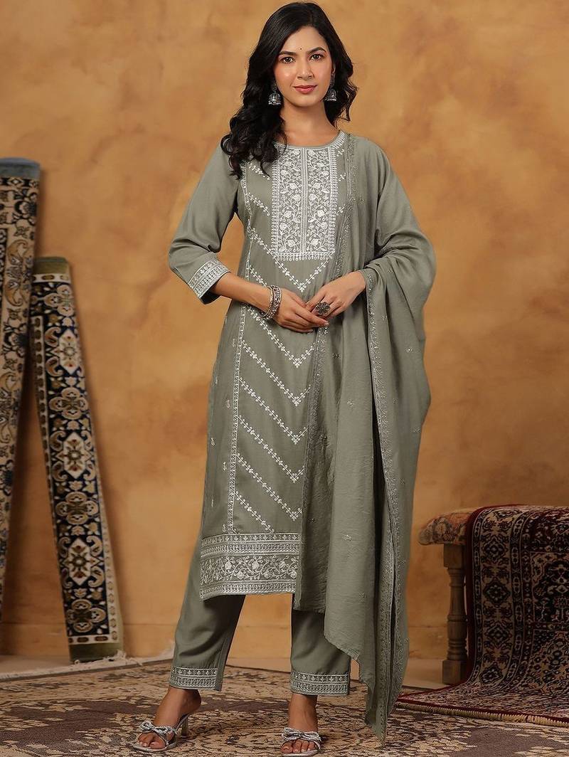 Women Ethnic Motifs Embroidered Regular Thread Work Kurta with Trousers & With Dupatta
