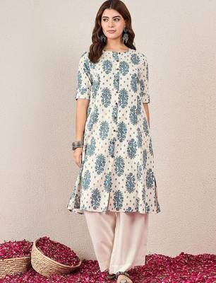 Floral Printed Round Neck Cotton Straight Kurtas 2