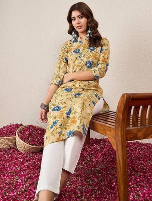 Floral Printed Mandarin Collar Cotton Straight Kurtas 2