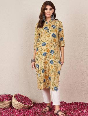 Floral Printed Mandarin Collar Cotton Straight Kurtas 1