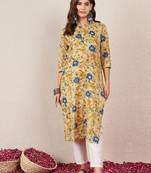 Floral Printed Mandarin Collar Cotton Straight Kurtas