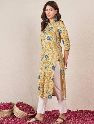 Floral Printed Mandarin Collar Cotton Straight Kurtas 3