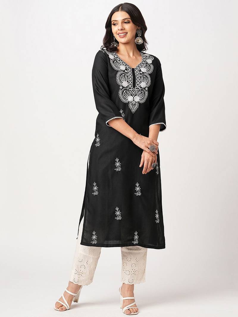 Women Ethnic Motifs Embroidered Festive Cotton Straight Kurta