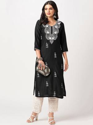 Women Ethnic Motifs Embroidered Festive Cotton Straight Kurta 7