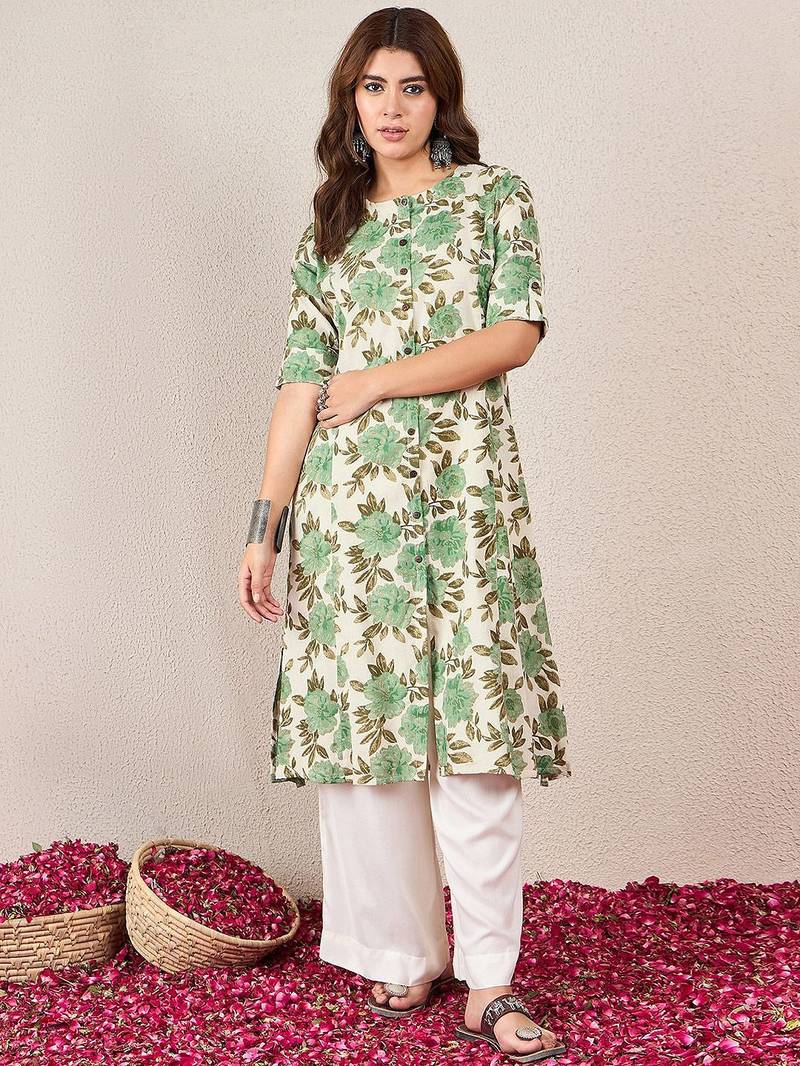 Women Floral Printed Daily Cotton Straight Kurta