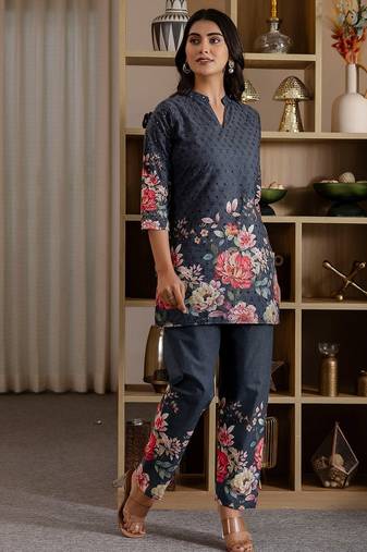 Printed Dark Grey Cotton Co Ords for Women