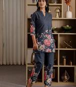 Printed Dark Grey Cotton Co Ords for Women