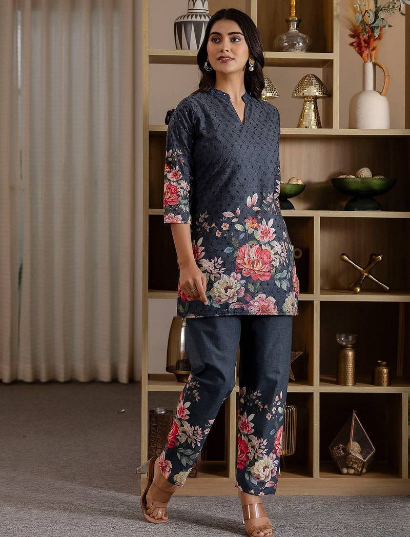 Printed Dark Grey Cotton Co Ords for Women