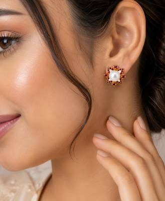 Certified natural freshwater pearls jewellery pearl & ruby zircon floral star stud earrings, gold tone . 1