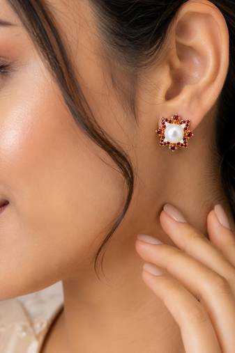 Certified natural freshwater pearls jewellery pearl & ruby zircon floral star stud earrings, gold tone .