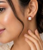 Certified natural freshwater pearls jewellery pearl & ruby zircon floral star stud earrings, gold tone .
