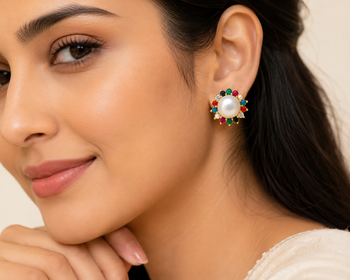 Certified natural freshwater pearls jewellery navratna style, cz accents, festive wear, stud closure, women's jewellery. 1