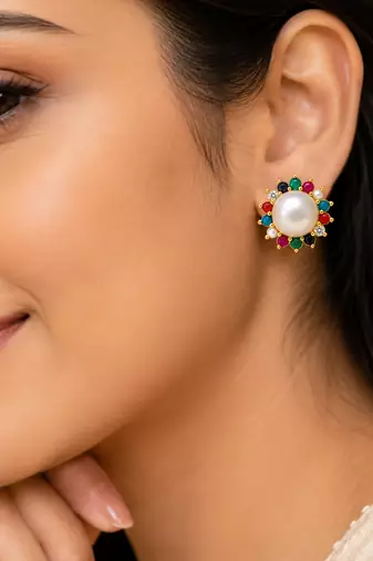 Certified natural freshwater pearls jewellery navratna style, cz accents, festive wear, stud closure, women's jewellery.