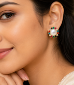 Certified natural freshwater pearls jewellery navratna style, cz accents, festive wear, stud closure, women's jewellery.