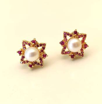 Certified natural freshwater pearls jewellery pearl & ruby zircon floral star stud earrings, gold tone . 2