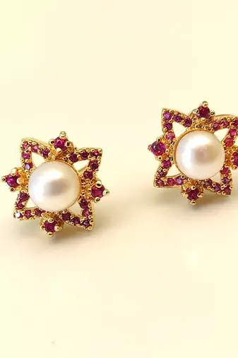 Certified natural freshwater pearls jewellery pearl & ruby zircon floral star stud earrings, gold tone .