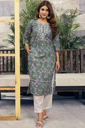 Women Floral Printed Festive Cotton Straight Kurta