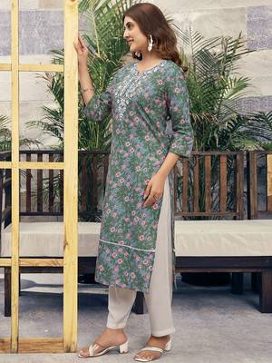 Women Floral Printed Festive Cotton Straight Kurta 4